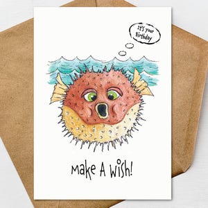 Cartão de Feliz Aniversário "Make A Wish Blowfish" para impressão 5x7 e envelope