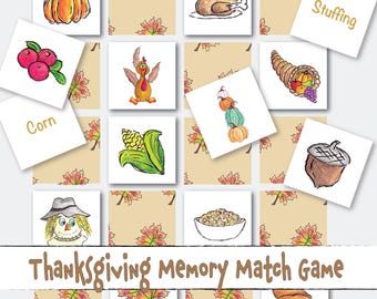 Printable Thanksgiving Concentration Memory Match Picture Word Card Game