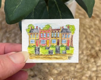 Miniature Original Watercolor Row House Painting 1:12 Scale Art by Renee' Edmonston