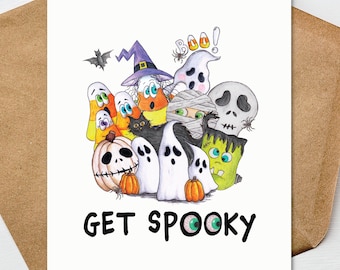 Halloween Note Cards Set of 6, Get Spooky Cards, Cute Halloween Stationery, Blank Notecards, Spooky Ghost Witch Pumpkin Cards