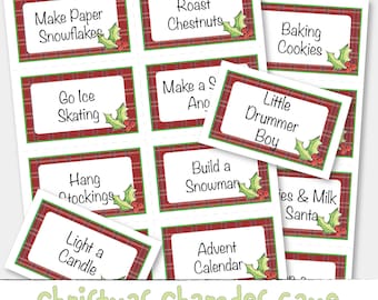 May include: A set of 10 Christmas charades game cards with red and green plaid backgrounds and holly accents. The cards feature various Christmas-themed activities such as "Make Paper Snowflakes", "Roast Chestnuts", "Baking Cookies", "Go Ice Skating", "Hang Stockings", "Light a Candle", "Make a Snowman", "Little Drummer Boy", "Advent Calendar", and "Cookies & Milk Santa".
