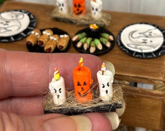 Miniature Halloween Candle Table Centerpiece – 1:12 Scale Pumpkin & Ghost Dollhouse Spooky Decor – Halloween Miniature Accessories