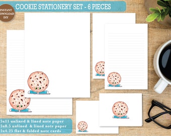 Cookie Printable Stationery Set Chocolate Chip Cookie Note Cards and Writing Paper Journaling and Letters 6 Pieces Instant Digital Download