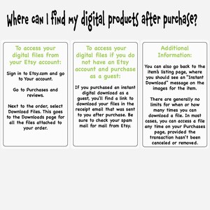 May include: A green and white illustrated guide with the text "Where can I find my digital products after purchase?"  The guide provides instructions on how to access digital files purchased from Etsy, both for Etsy account holders and guests.