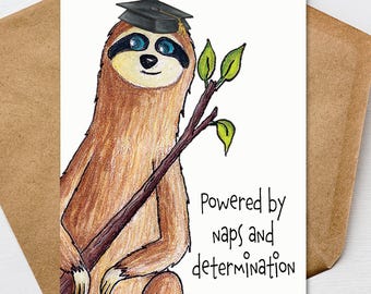 Funny Sloth Graduation Card, Powered By Naps, Congrats Graduate 5x7 Personalize