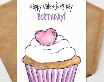 Happy Valentine's Day Birthday Card A7 5x7 on Textured Linen