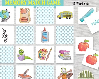 Printable Back To School Concentration Memory Match Card Game, Classroom Memory Card Game, Picture and Vocabulary Activity