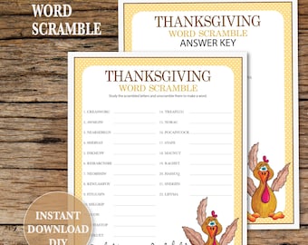 May include: A Thanksgiving word scramble game sheet and its corresponding answer key. Both documents feature a yellow polka dot border, a cartoon turkey illustration, and the text "THANKSGIVING WORD SCRAMBLE" and "Gobble til you Wobble."