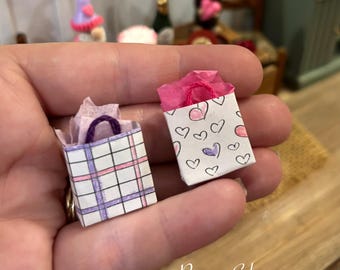 Miniature Valentine's Day Hand Drawn Gift Bags Set of 2 1:12 Scale Handmade