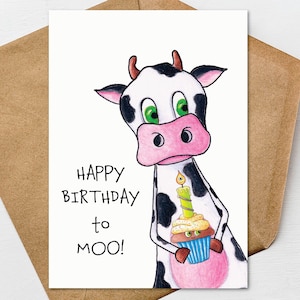 Biglietto d'auguri stampabile per mucca Holstein "Buon compleanno a Moo!", 13x18 cm, con busta
