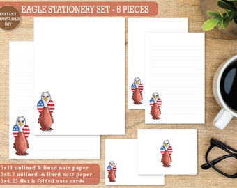Eagle Printable Stationery Set Patriotic Note Cards and Writing Paper July 4th Journaling and Letters 6 Pieces Instant Digital Download