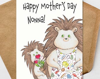 Nonna Mothers Day Card, Grandma Card from Grandkids, Hedgehog 5x7 Personalize