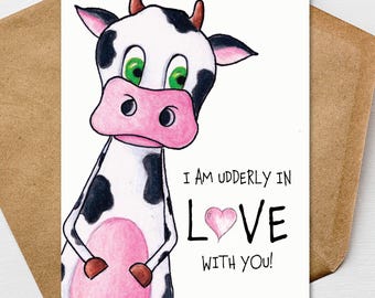 Holstein Cow Valentine's Day Card A7 5x7 on Textured Linen