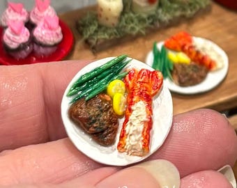 Handmade Miniature Surf and Turf Lobster Dinner, Dollhouse Food 1:12 Scale