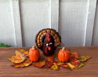 Miniature Thanksgiving Table Centerpiece 1:12 Scale, Handmade Turkey Pumpkins & Fall Leaves, Dollhouse Thanksgiving Decor