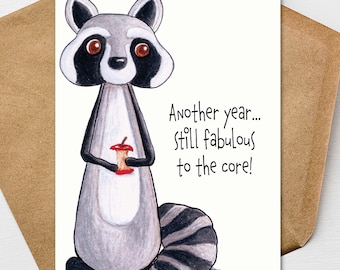 Raccoon Birthday Card A7 5x7 on Textured Linen | Blank, Standard Greeting, or Personalized