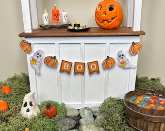 Halloween Dollhouse Miniature BOO Garland Banner, 1:12 Scale Ghost and Pumpkin Bunting, Handmade Halloween Decor