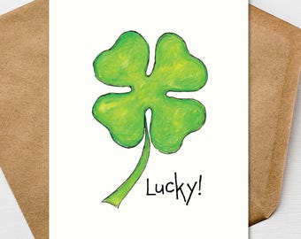 Lucky Four Leaf Clover Affirmation Appreciation Card A7 5x7 on Textured Linen