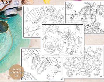 SUMMER SEASON Coloring Pages, 5 Coloring Sheets, Printable, Hand Illustrated, Instant Download