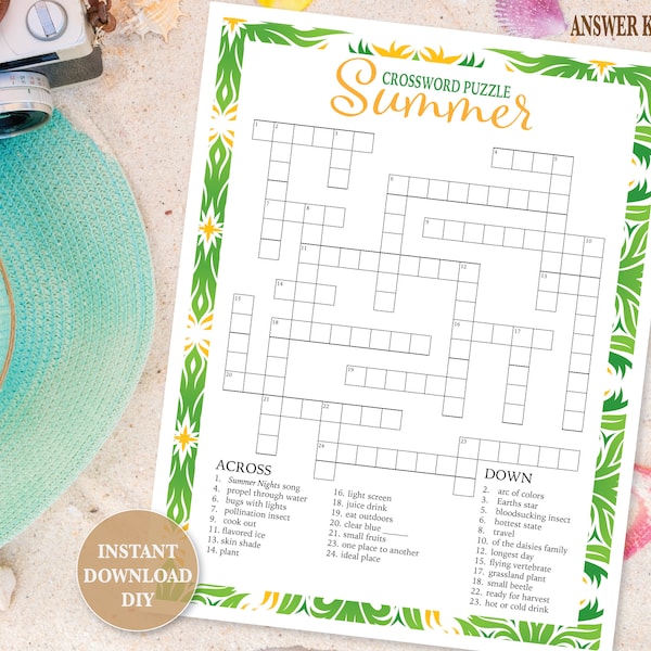 Summer Crossword Puzzle Printable Game Summer Activity For Classroom Seniors Party or Office