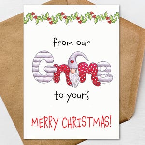 Tarjeta de felicitación navideña imprimible de nuestro gnomo al tuyo de 5 x 7 y sobre