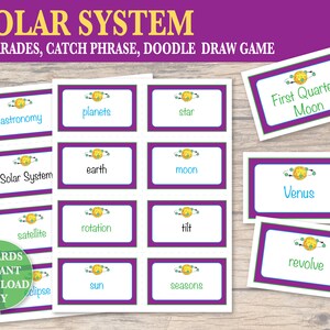 Système solaire, Planètes, Espace, Pictionary, Catchphrase Games Activité imprimable des sciences de la Terre, 56 cartes Instructions Téléchargement instantané