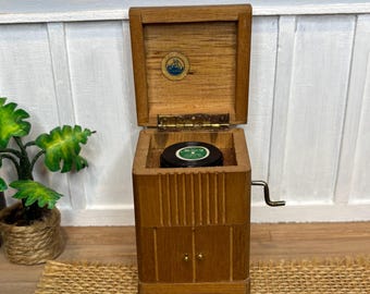 Vintage Dollhouse Phonograph Music Box 1:12 Scale Wood Record Player Cabinet Miniature