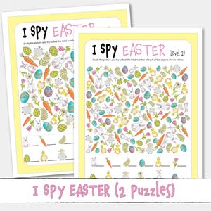 May include: Two printable I Spy Easter activity sheets with a colorful illustration of Easter eggs, bunnies, chicks, carrots, flowers, and ferns. The text on the sheets reads "I Spy Easter" and "I Spy Easter (Level 2)".
