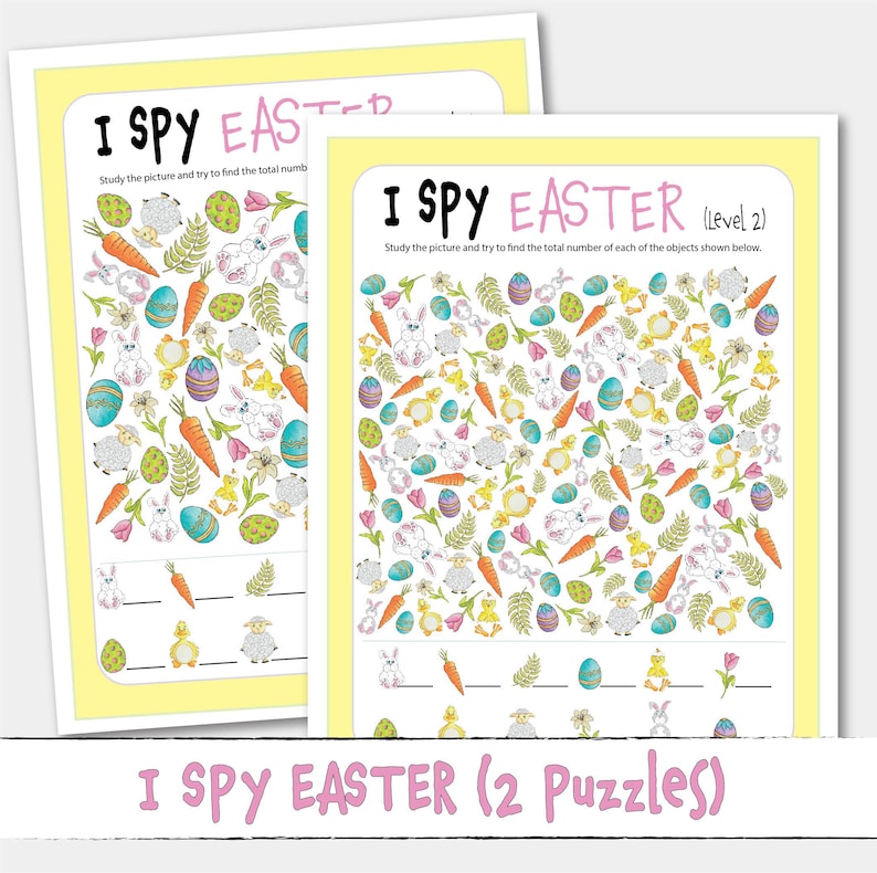 May include: Two printable I Spy Easter activity sheets with a colorful illustration of Easter eggs, bunnies, chicks, carrots, flowers, and ferns. The text on the sheets reads "I Spy Easter" and "I Spy Easter (Level 2)".