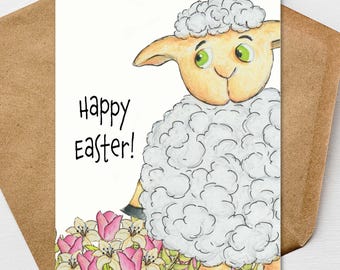 Happy Easter Lamb Card A7 5x7 on Textured Linen