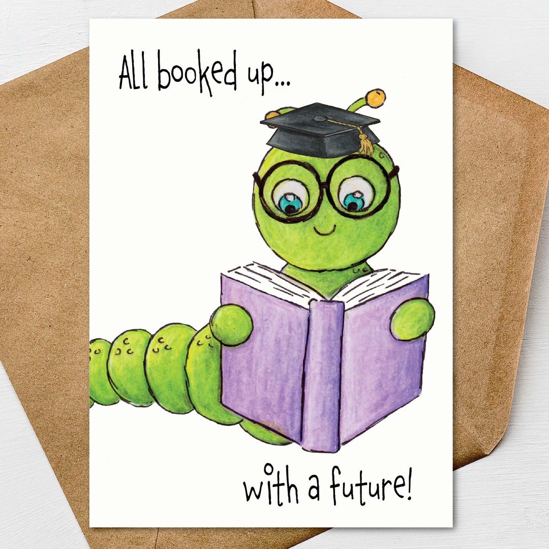 Graduation Bookworm Bookworm Graduation Card A7 5x7 on Textured Linen | Blank, Standard ...