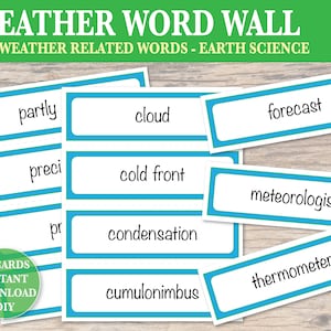 Cartes murales de mot météo 80+ imprimables Vocabulaire des sciences de la Terre Tableau d'affichage Cartes flash Alphabétisation Apprentissage des langues