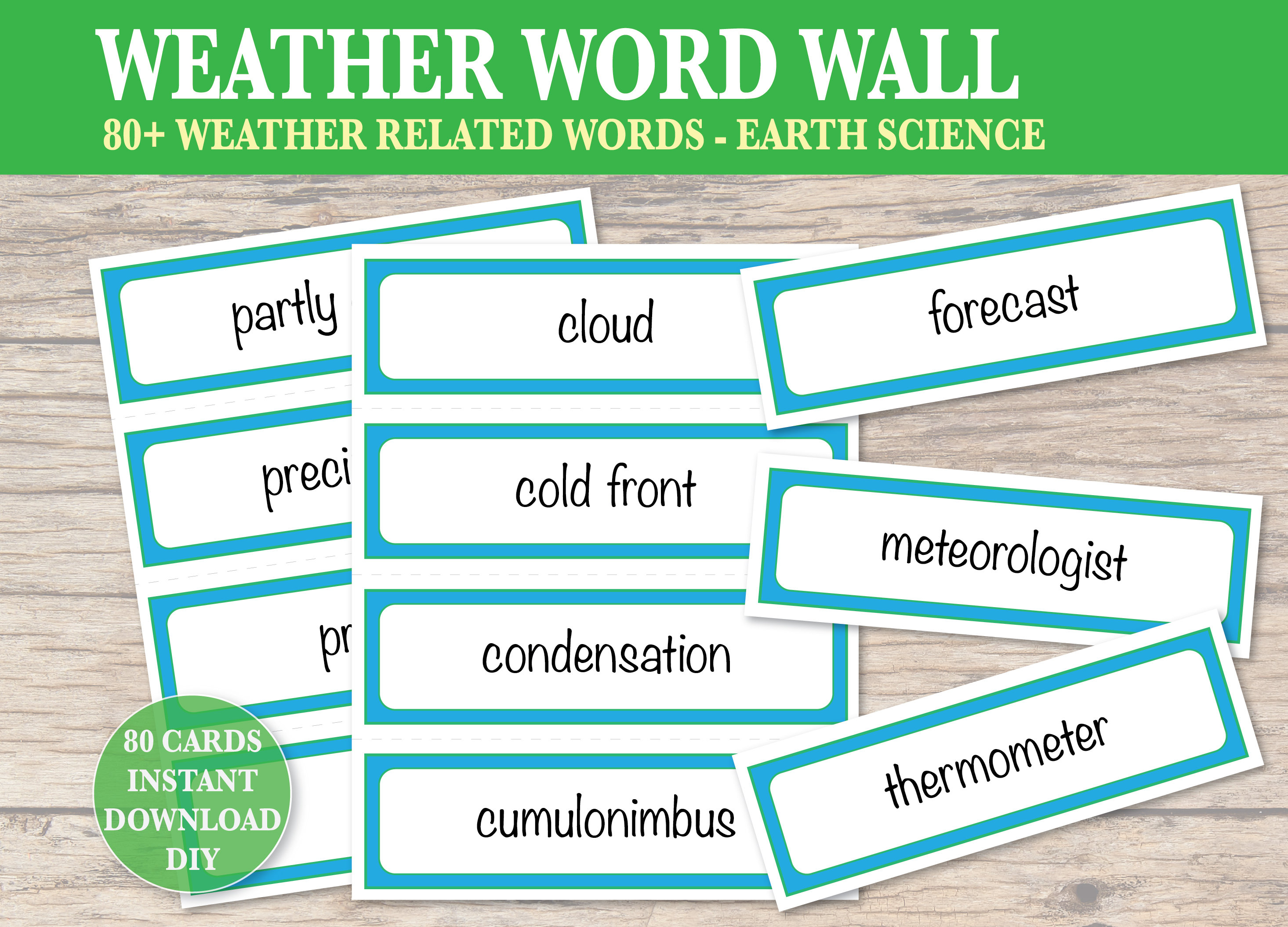 Weather Word Wall Cards 80+ Printable Earth Science Vocabulary Bulletin Board Flash Cards Literacy Language Learning