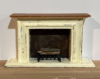 Miniature Hand Painted Rustic Fireplace with Wood Dollhouse 1:12 Scale