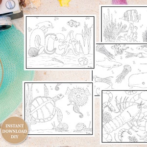 May include: Four black and white coloring pages featuring ocean life. The first page shows dolphins swimming around the word "OCEAN". The second page shows a variety of sea creatures including a shark, jellyfish, and a whale. The third page shows a sea turtle and a pufferfish. The fourth page shows a lobster and shrimp.