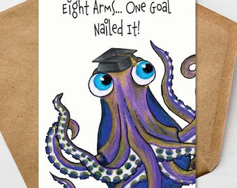 Octopus Graduation Card A7 5x7 on Textured Linen | Blank, Standard Greeting, or Personalized