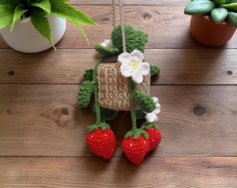 Handmade Crochet Strawberry In A Plant, Crochet Strawberry Car Ornament Decorative Plants, Strawberry With Leaves, Accessories, Car Charms