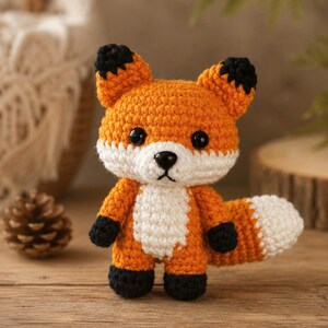 May include: A small crocheted fox figurine featuring bright orange yarn for the body, head, and ears, with white yarn accents on the face, chest, and tail tip. The fox has black yarn for the ear tips, paws, and feet, plus black plastic eyes and nose.