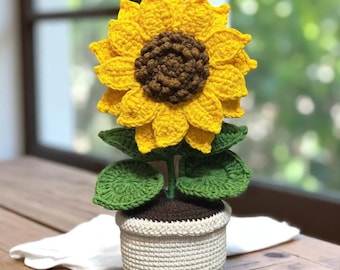 かわいい手作りかぎ針編みのひまわりの鉢植え、かぎ針編みのひまわりの