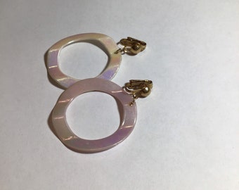 Vintage 80’s Clip On Earrings Dangle Iridescent Hoops Pink Wavy Round