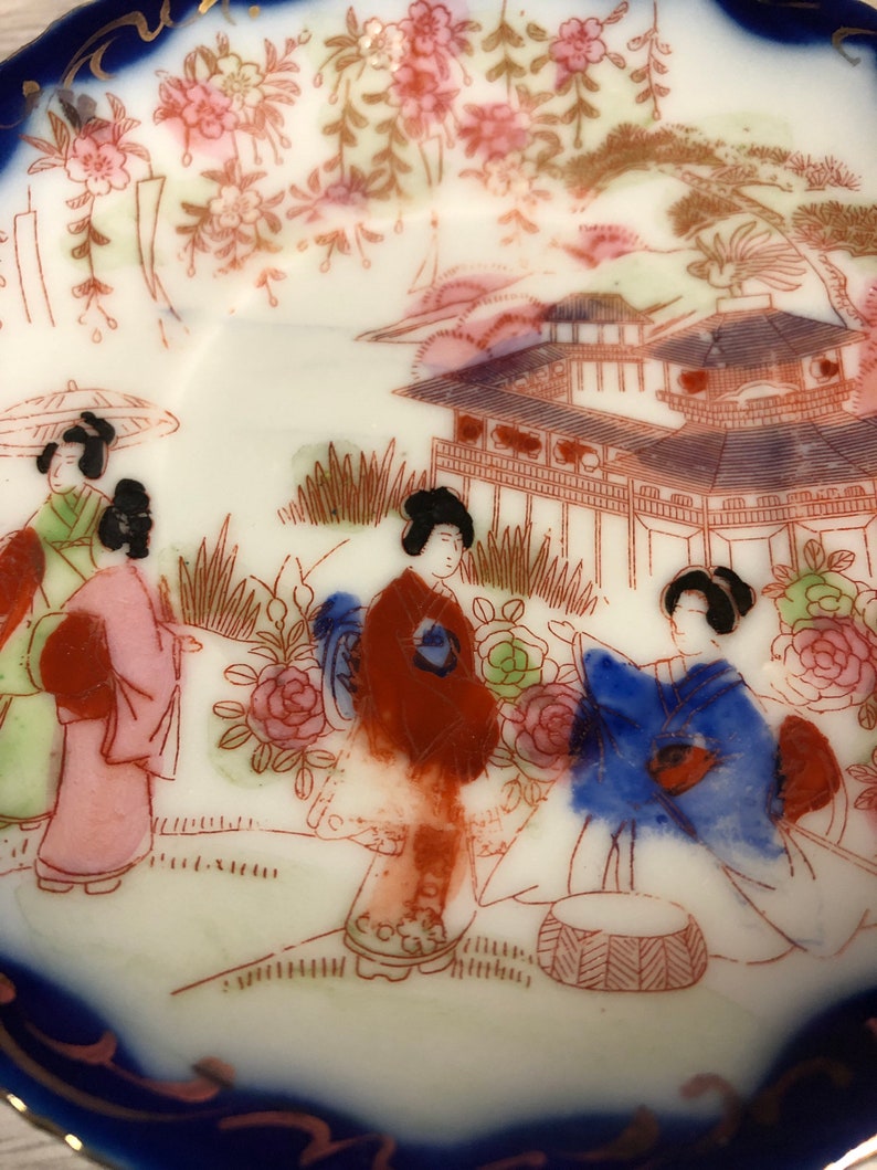 Antique Saucers Hand Painted Geisha Girl Plate Saucer Blue and Gold Trim Japan 1920s