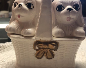 CLEARANCE SALE  Pekinese Dog Salt and Pepper Shakers Puppies in Basket