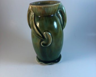 CLEARANCE Vintage Green Vase - Two-tone  with Brown  Drip - 5” Tall Vase - Wash Green