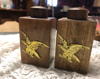 CLEARANCE  Vintage Wooden Salt and Pepper Shakers Gold American Eagle Embellishments  - Japan - 1950s