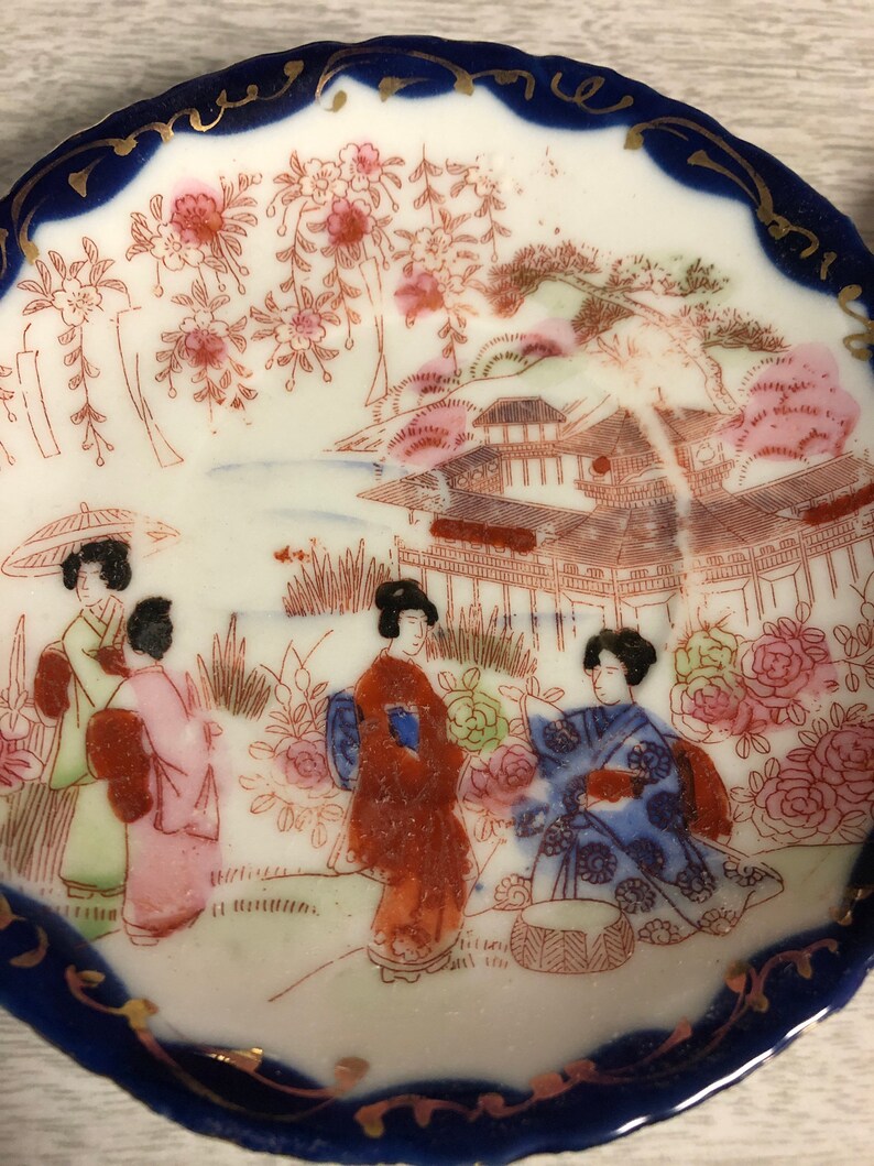 Antique Saucers Hand Painted Geisha Girl Plate Saucer Blue and Gold Trim Japan 1920s