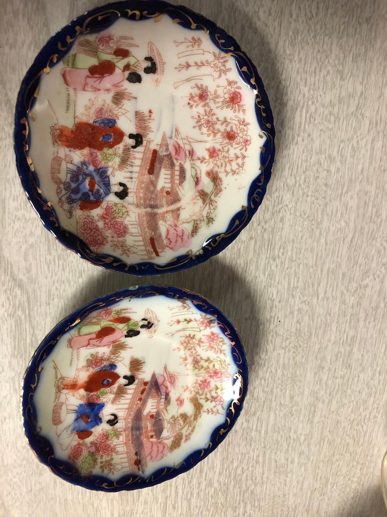 Antique Saucers Hand Painted Geisha Girl Plate Saucer Blue and Gold Trim Japan 1920s