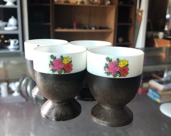 CLEARANCE - Vintage Set Of 4 EGG CUPS Faux Wood Roses Plastic Japan 1970 Retro