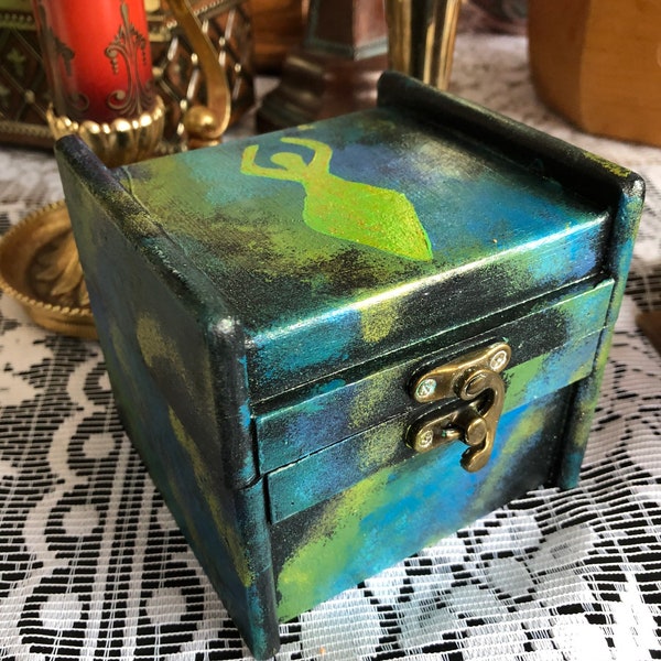 Hand Painted Mini Alter Box Hand Painted Jewelry Box Recycled Magic Stash Box Witch Runes Trinkets Herbs Goddess