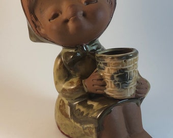 CLEARANCE SALE  Vintage Redware Red Clay Girl Figurine, Girl with Flower Pot