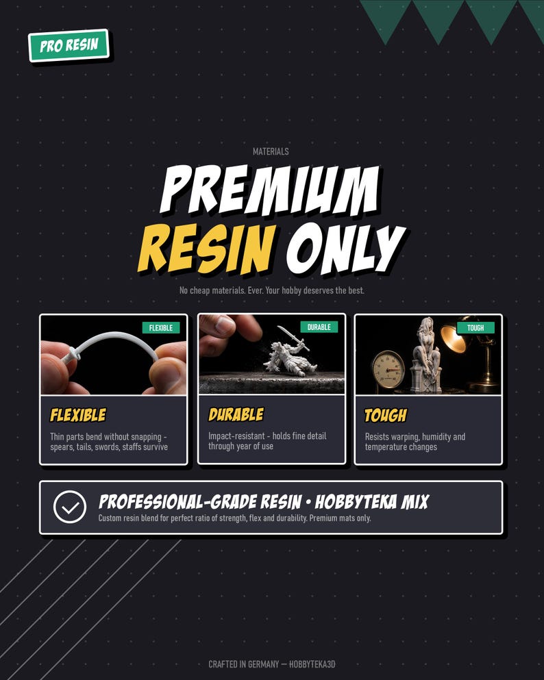 May include: An informational graphic titled PREMIUM RESIN ONLY featuring three panels. The first shows a flexible white resin part, the second a durable miniature figure, and the third a tough resin statue next to a gauge. Text includes PROFESSIONAL-GRADE RESIN &bull; HOBBYTEKA MIX.